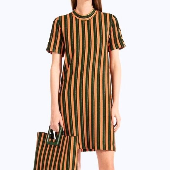 STAUD Striped Green and Tan Midi Dress - Picture 1 of 16